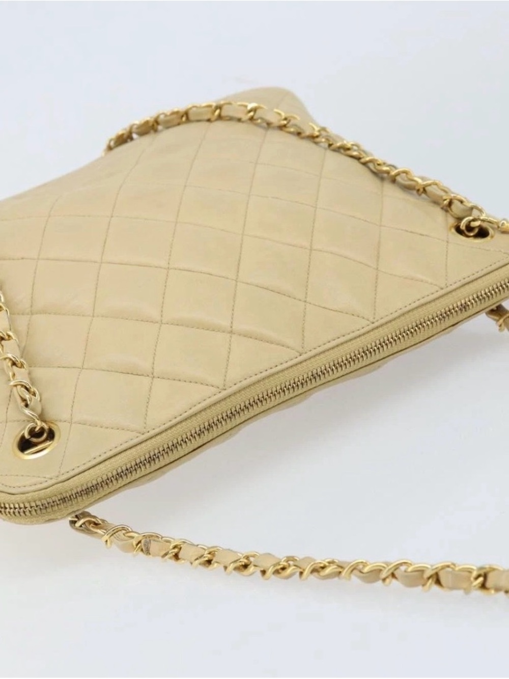 CHANEL Matelasse Chain Shoulder Tote Bag Lamb Skin Beige Gold CC Auth - Picture 6 of 12